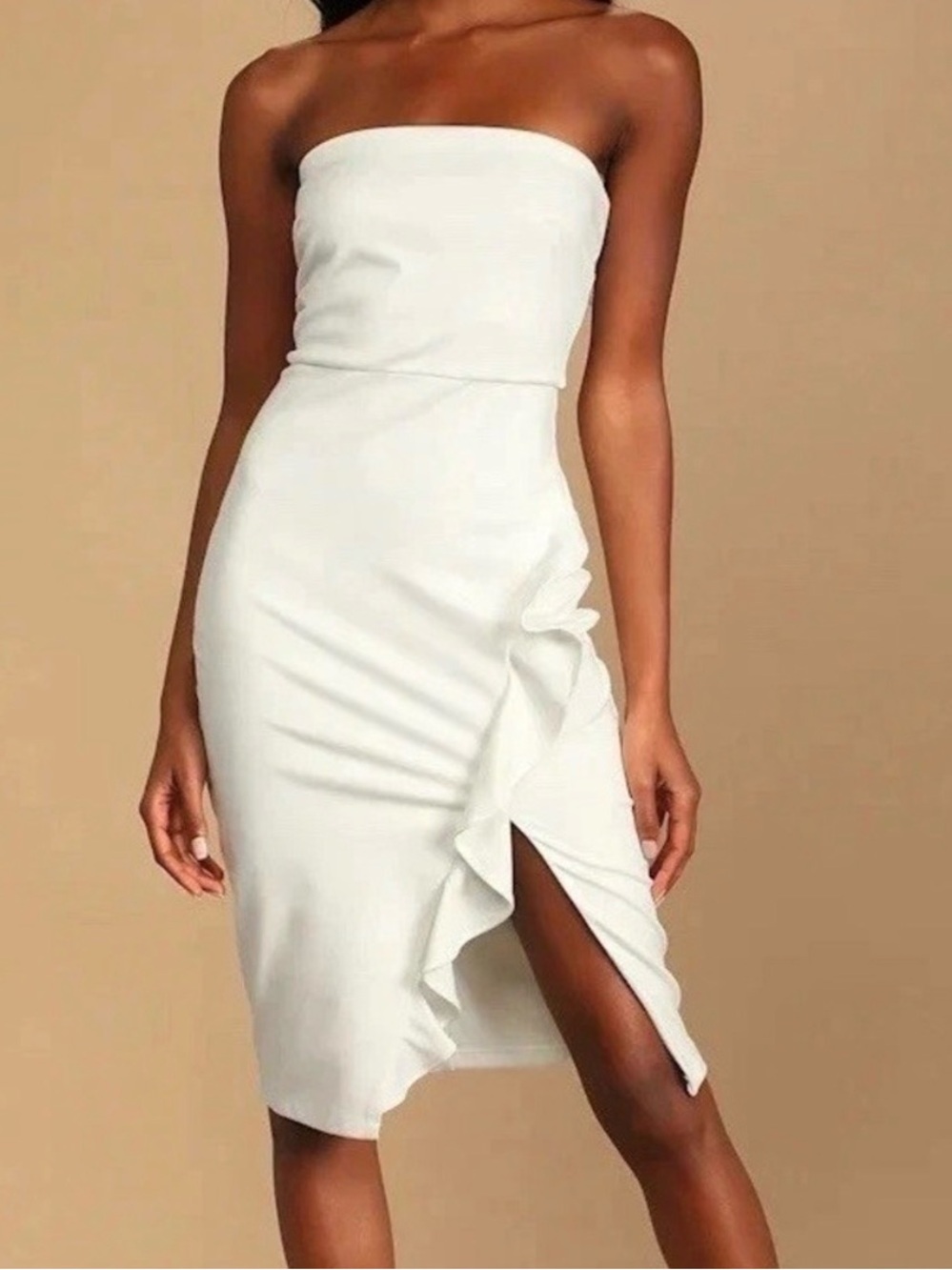 LulusStrapless White Ruffle Midi Dress - Stretchy